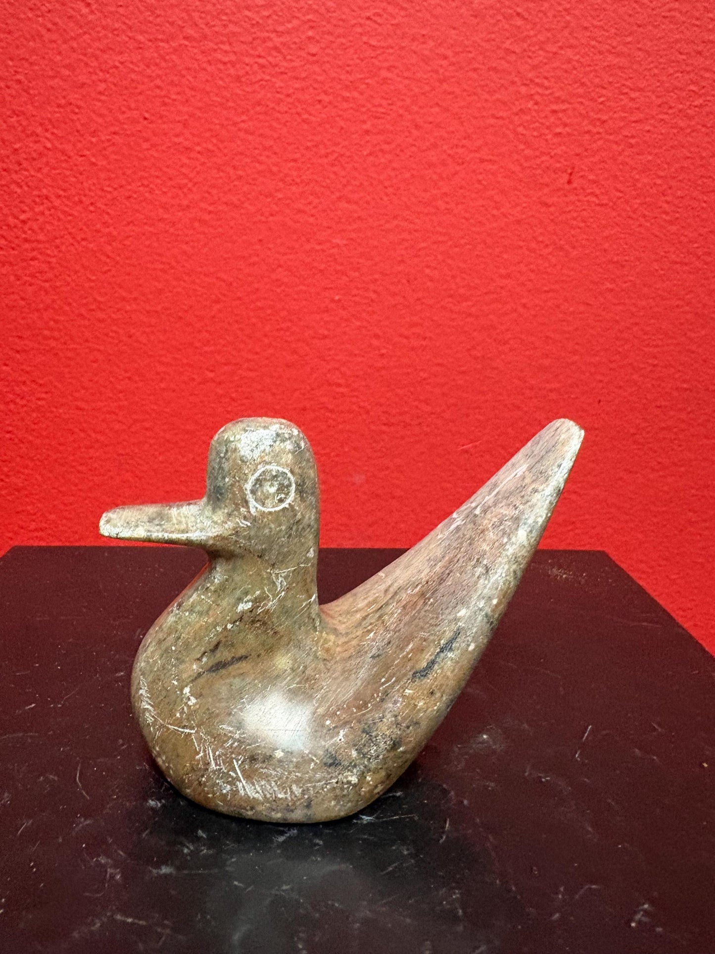 Lovely Inuit soapstone 3 1/2 x 3 high duck  minor scratching  great value