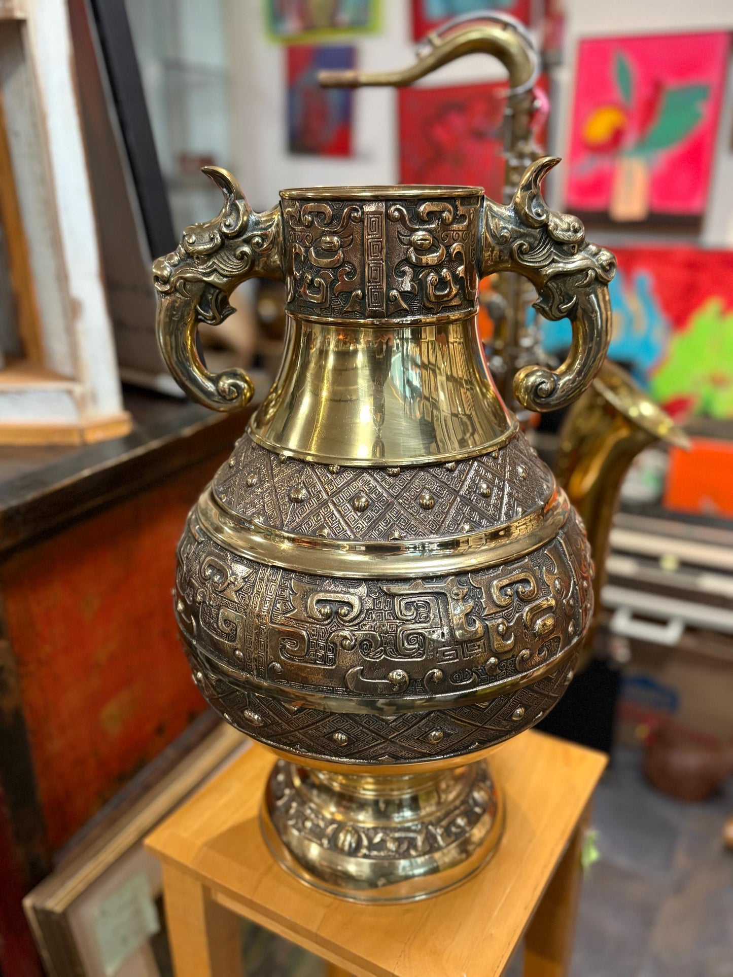 Stunning old Chinese 21 inch tall  dragon handled bronze vase  heavily decorated and very heavy