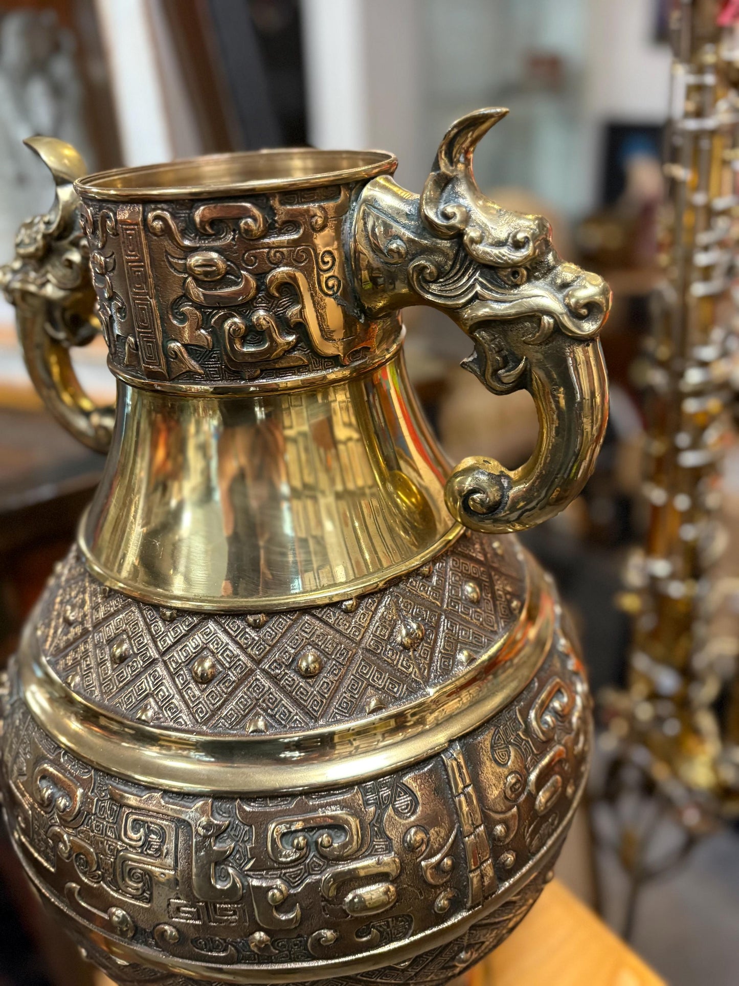 Stunning old Chinese 21 inch tall  dragon handled bronze vase  heavily decorated and very heavy