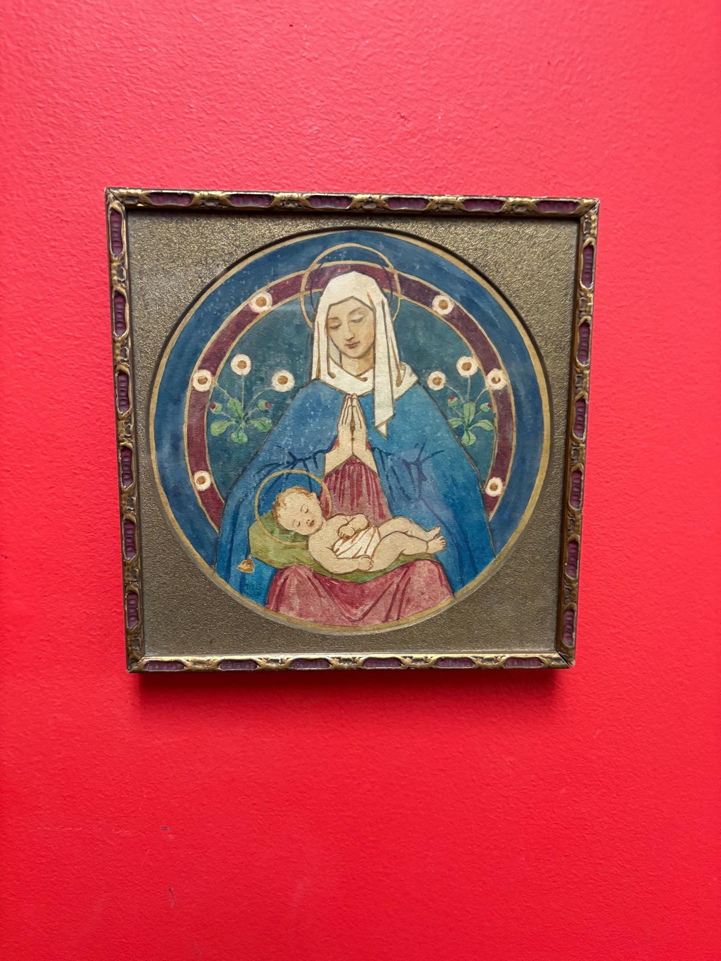 Beautiful 1939 hand painted religious European watercolour in beautiful frame  8 x 8  great detail  religious beauty