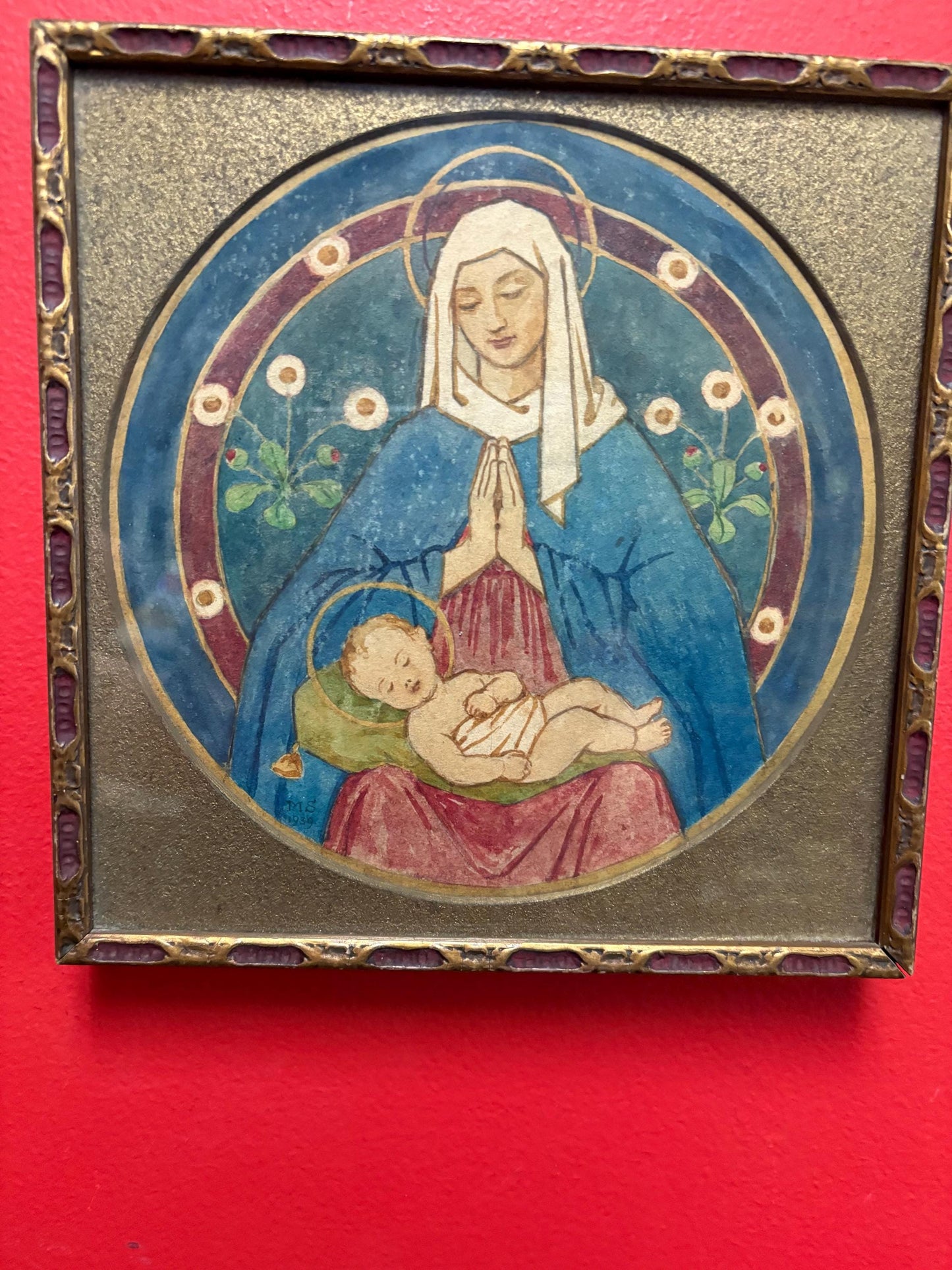 Beautiful 1939 hand painted religious European watercolour in beautiful frame  8 x 8  great detail  religious beauty