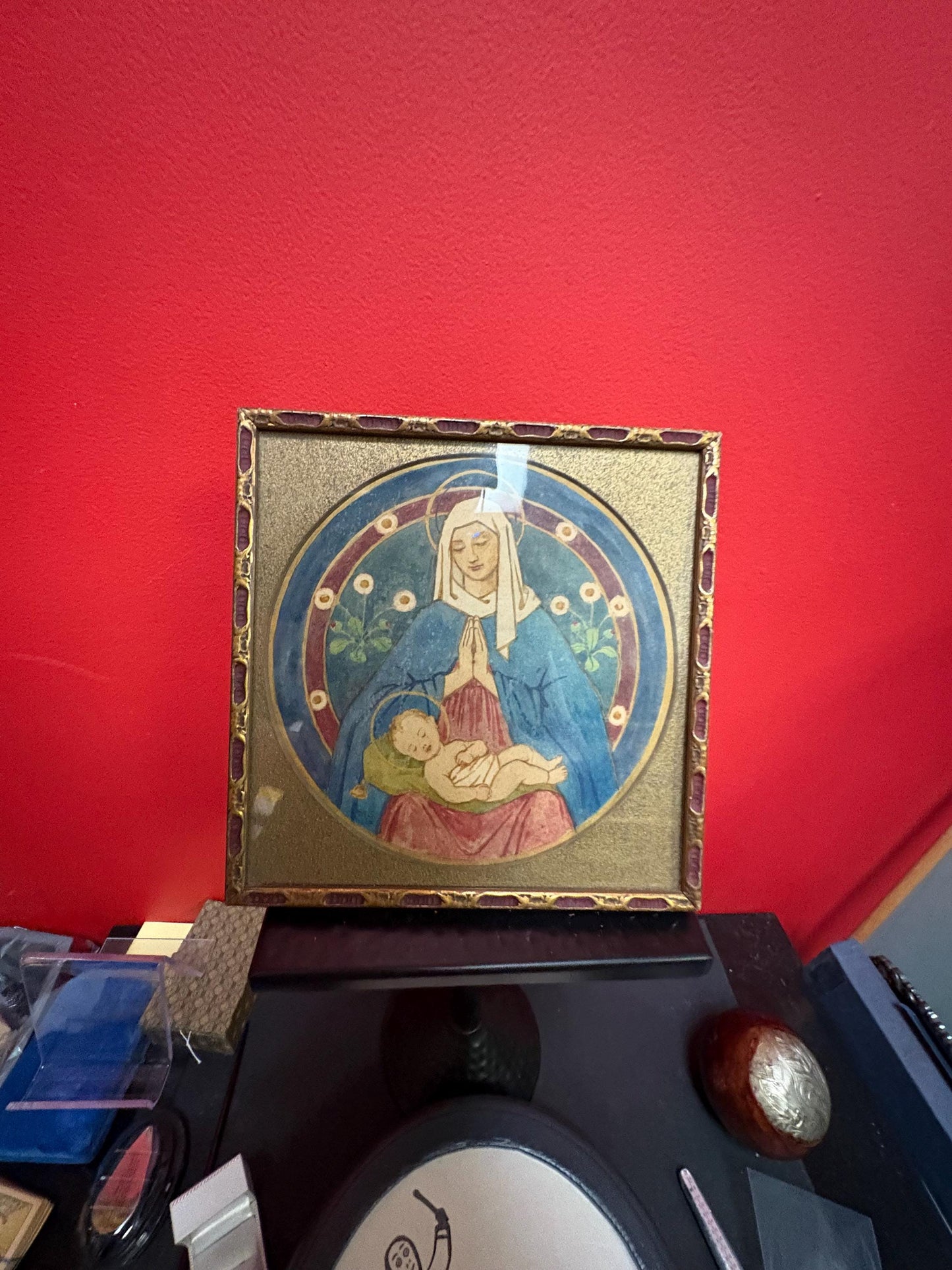 Beautiful 1939 hand painted religious European watercolour in beautiful frame  8 x 8  great detail  religious beauty