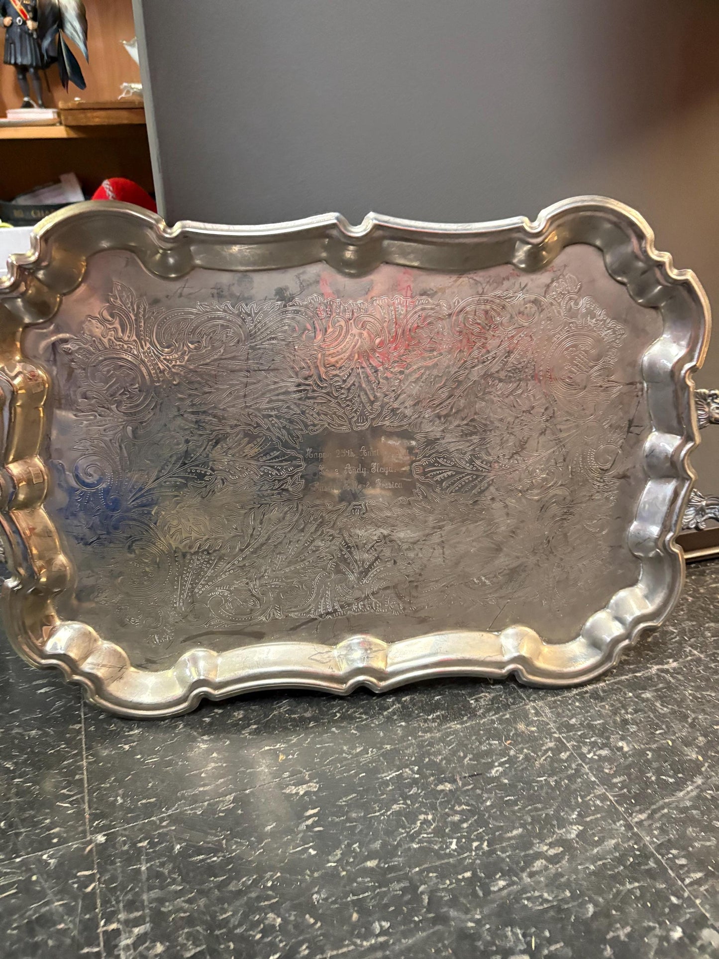 Antique English 2 handled silver plated tray  23 x 13 wide with nice feet  free inscription  amazing price