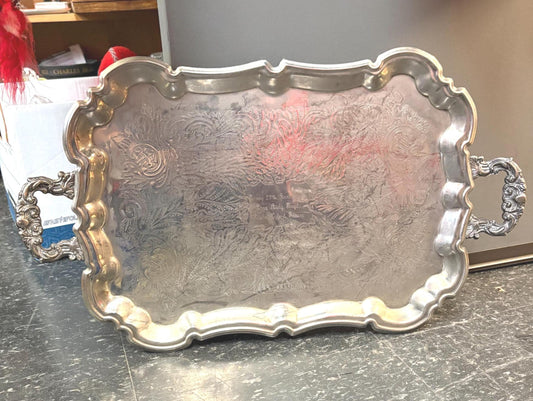 Antique English 2 handled silver plated tray  23 x 13 wide with nice feet  free inscription  amazing price