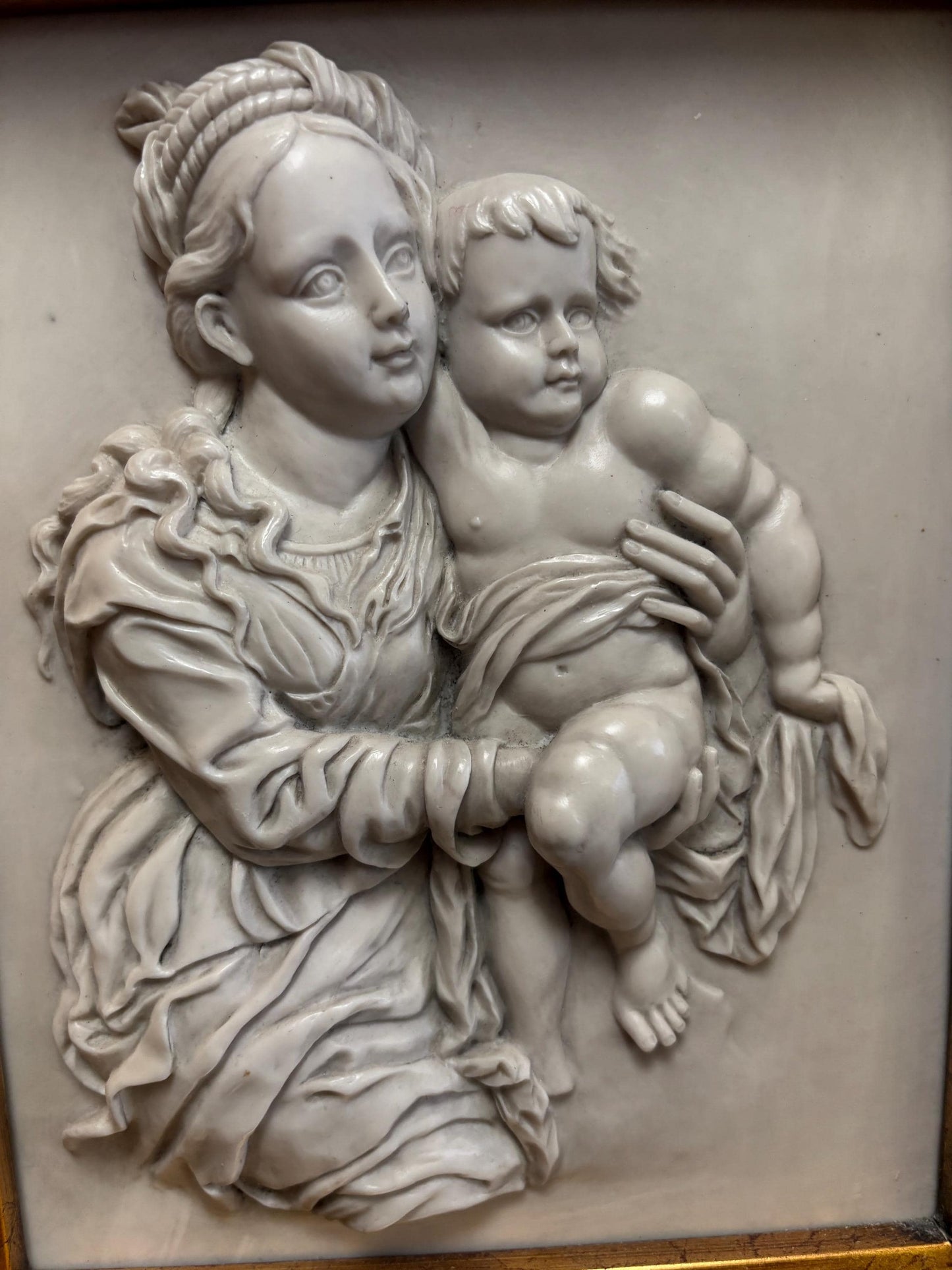Stunning early Italian 1900s  marble relief of mother and child in gilded wooden frame  exquisite quality  18 x 15 wide great gift  wow