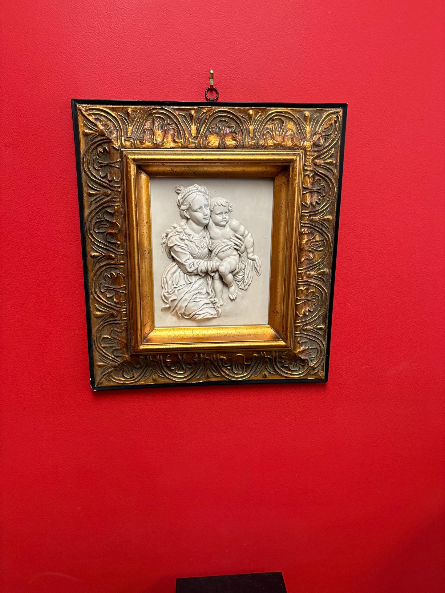 Stunning early Italian 1900s  marble relief of mother and child in gilded wooden frame  exquisite quality  18 x 15 wide great gift  wow