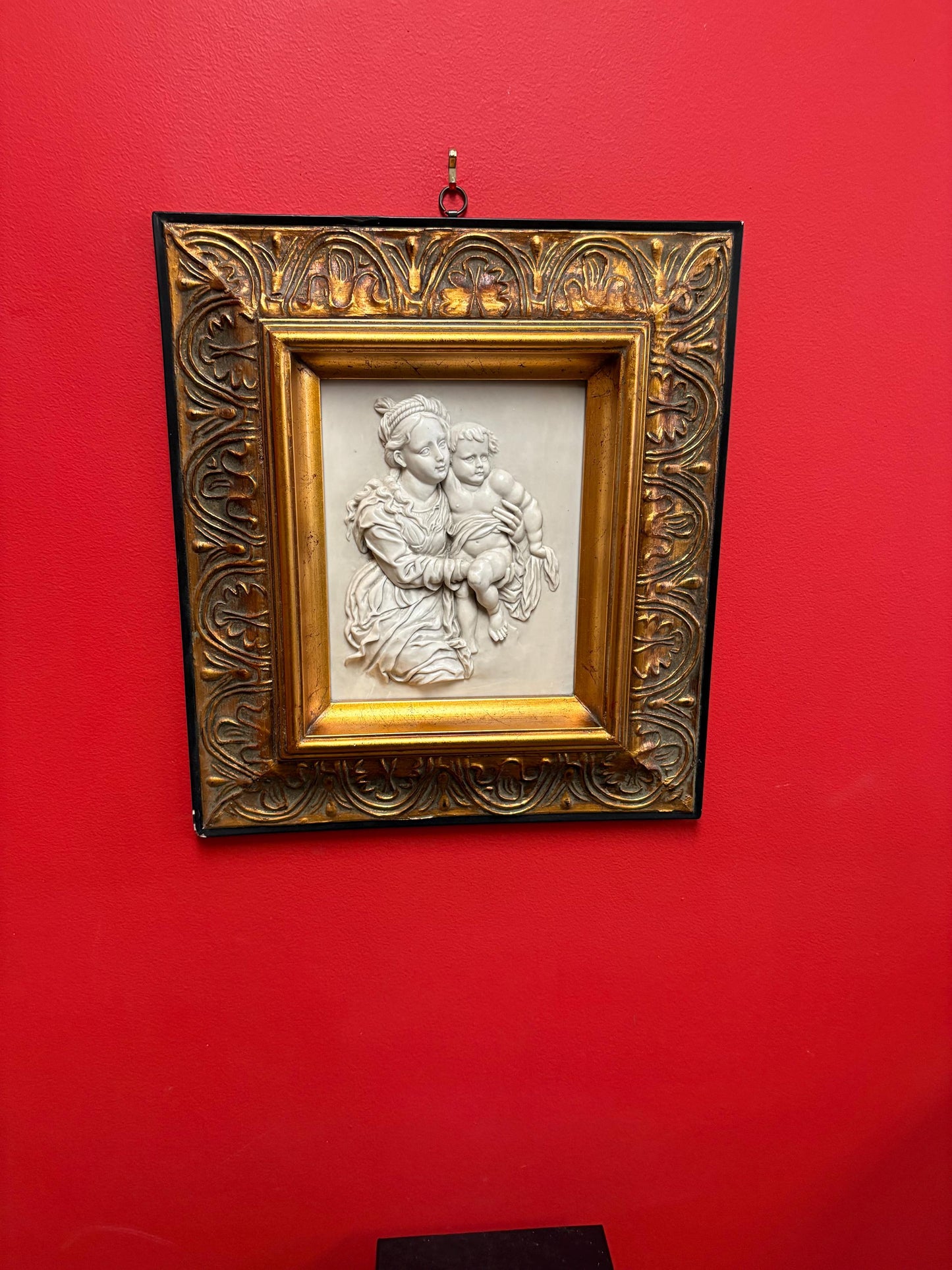 Stunning early Italian 1900s  marble relief of mother and child in gilded wooden frame  exquisite quality  18 x 15 wide great gift  wow