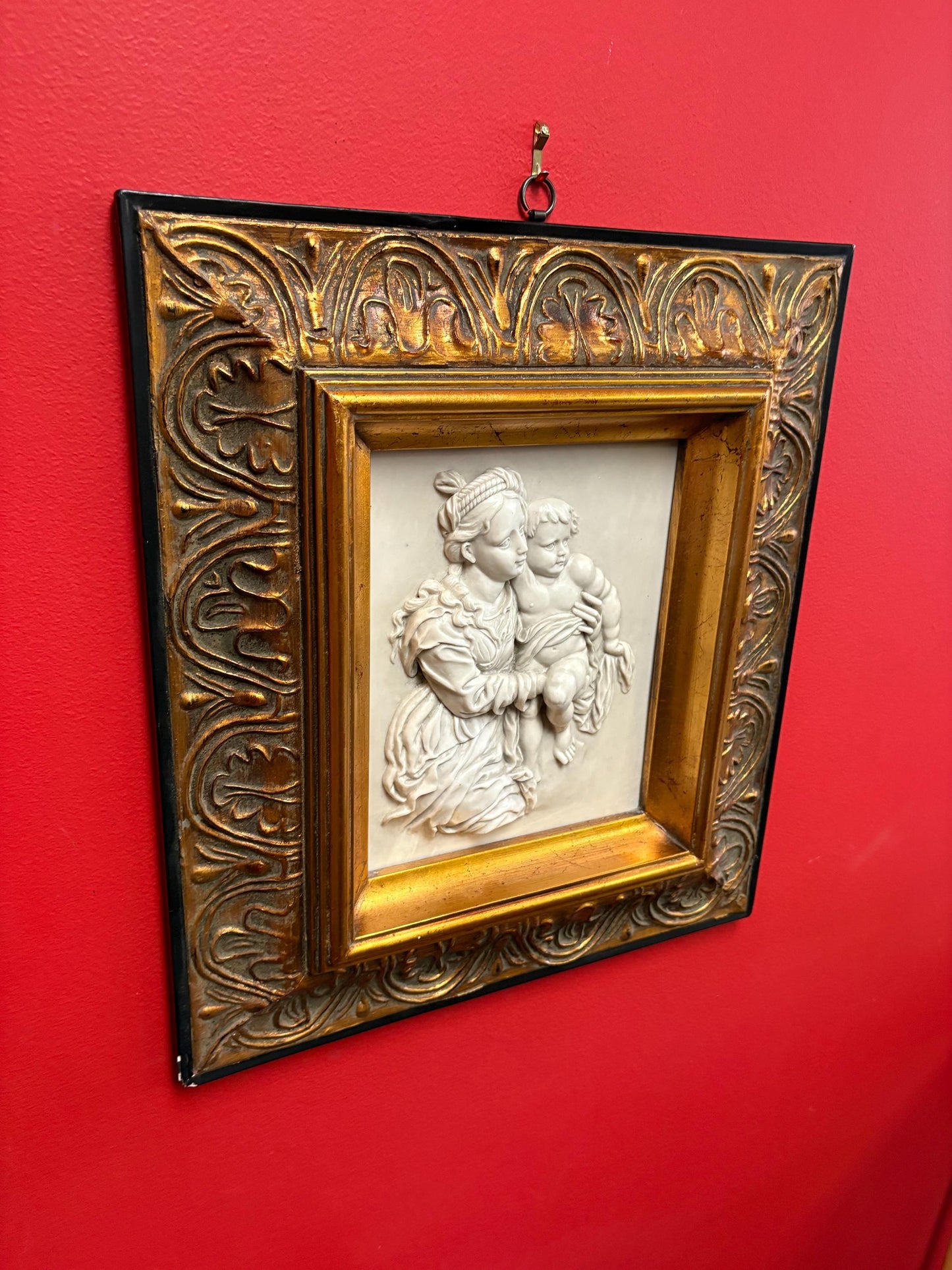 Stunning early Italian 1900s  marble relief of mother and child in gilded wooden frame  exquisite quality  18 x 15 wide great gift  wow