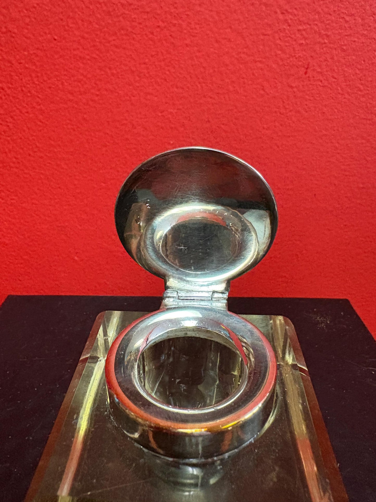 Beautiful antique silver plated and crystal inkwell  3 x 3  couple scratches and perfect for your desk or a gift  amazing value - B