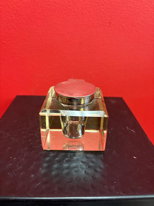 Beautiful antique silver plated and crystal inkwell  3 x 3  couple scratches and perfect for your desk or a gift  amazing value - B