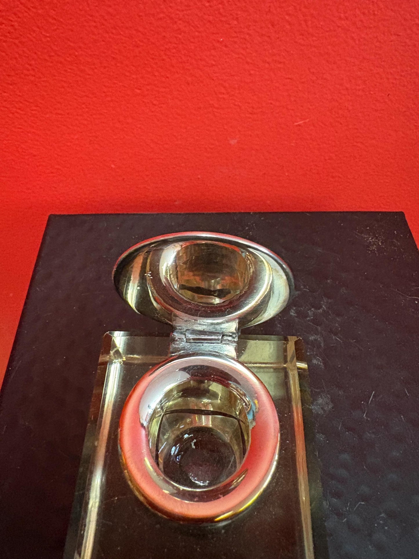 Beautiful antique silver plated and crystal inkwell  3 x 3  couple scratches and perfect for your desk or a gift  amazing value - B