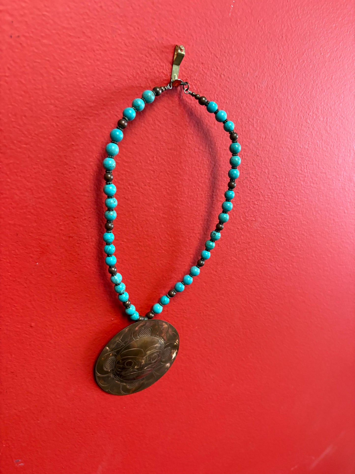Stunning rare indigenous first nation Pacific Northwest coast turquoise and copper - necklace 15 inches and pendant 3 inches long  wow