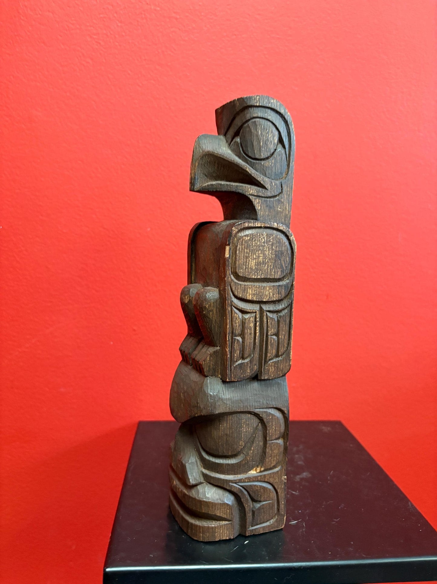 Beautiful 10 inch tall signed indigenous first nation pacific north West Coast Cedar totem pole - eagle human transformation  wow