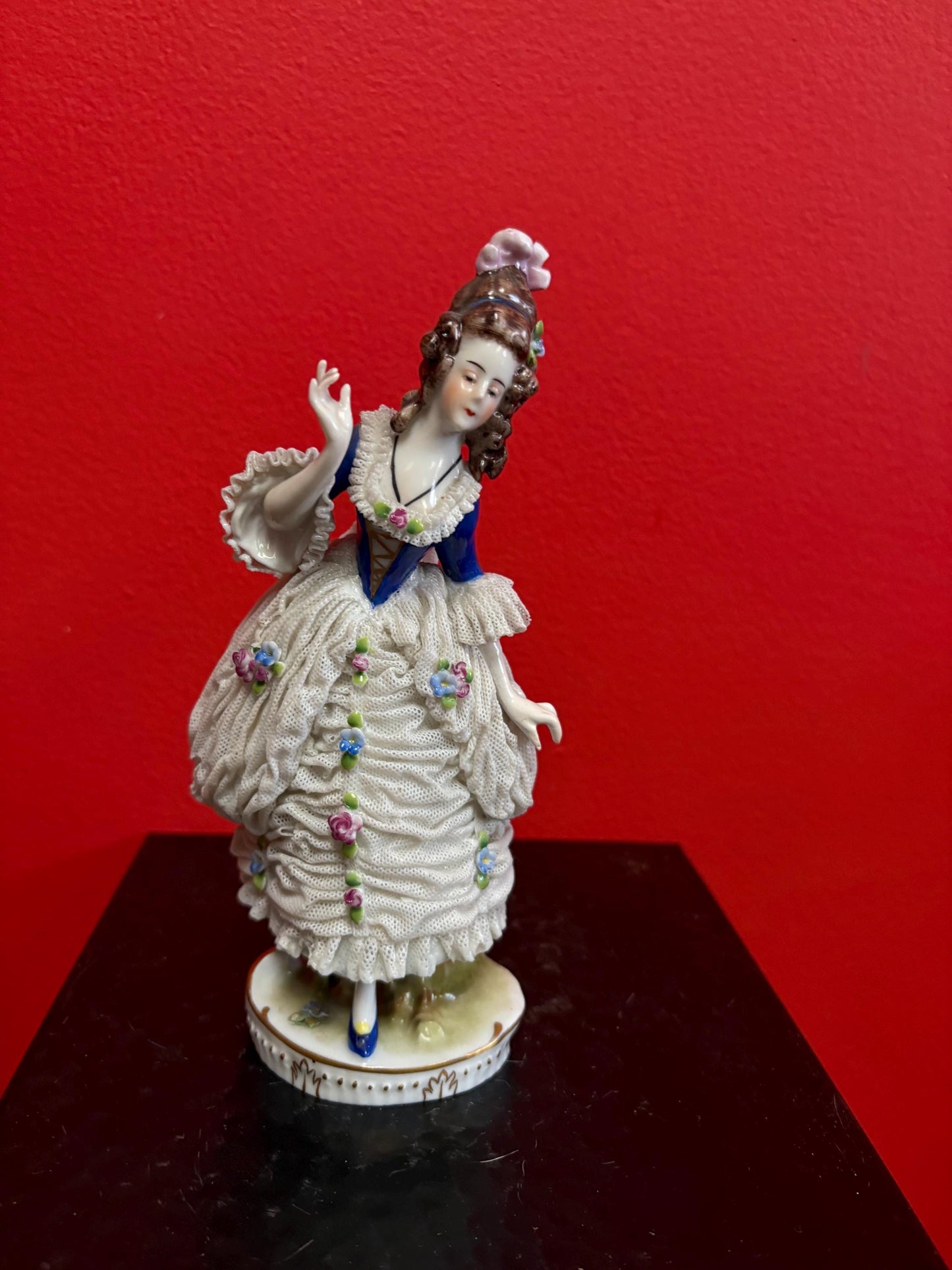 Lovely 8 inch tall European Dresden figure of a lady in perfect condition  great value- B