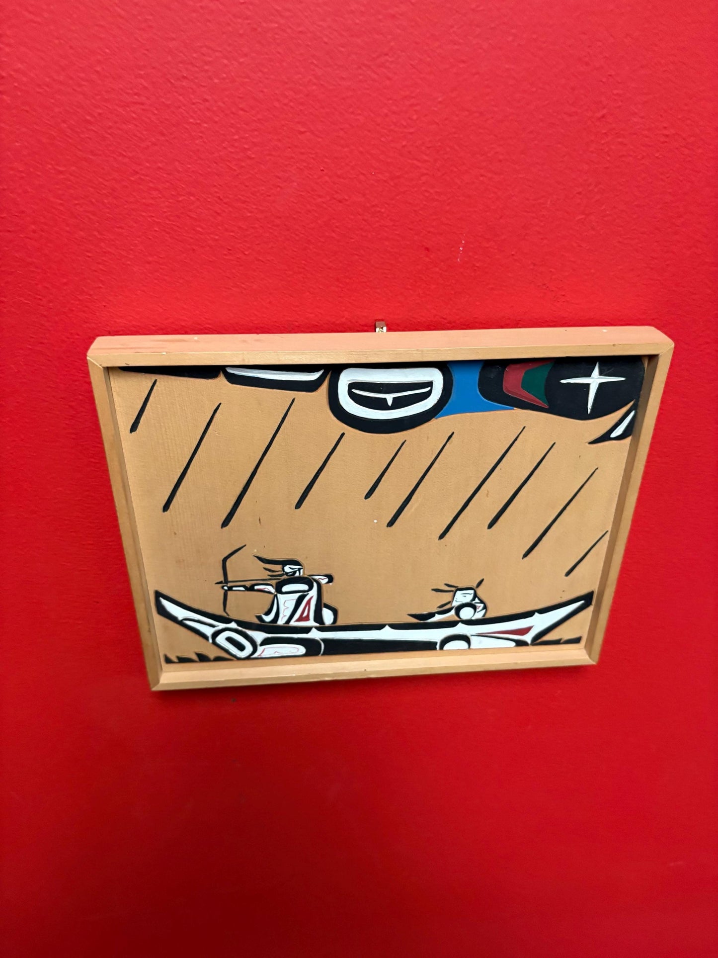 Signed lovely indigenous first nations pacific West Coast Cedar plaque of whale hunters  12 x 5 by one inch thick