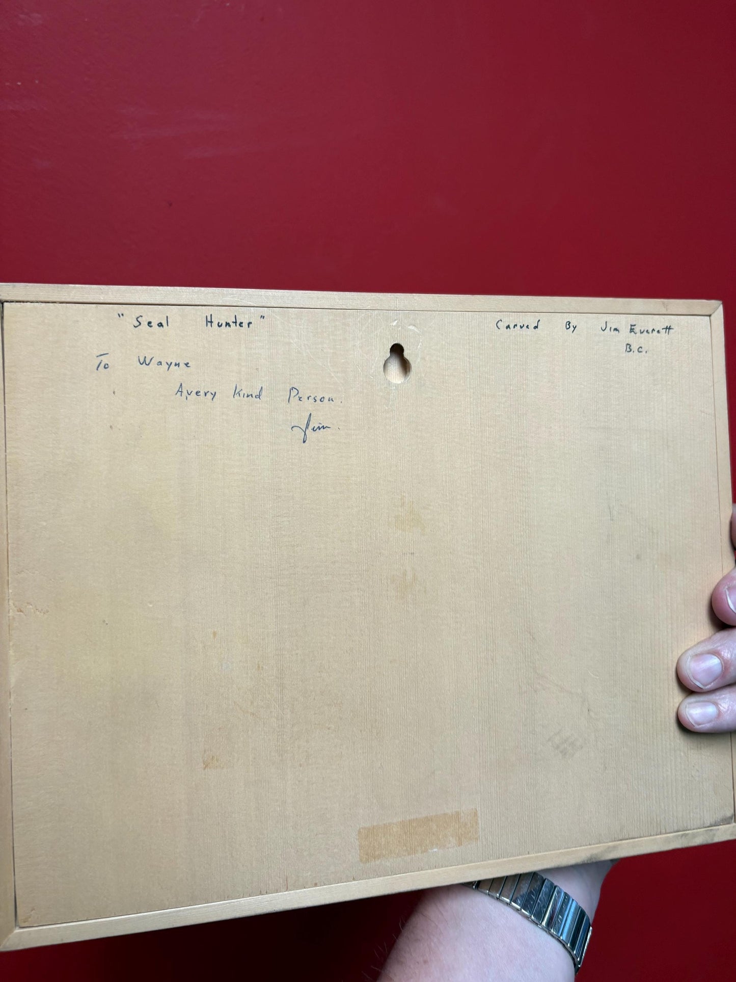 Signed lovely indigenous first nations pacific West Coast Cedar plaque of whale hunters  12 x 5 by one inch thick