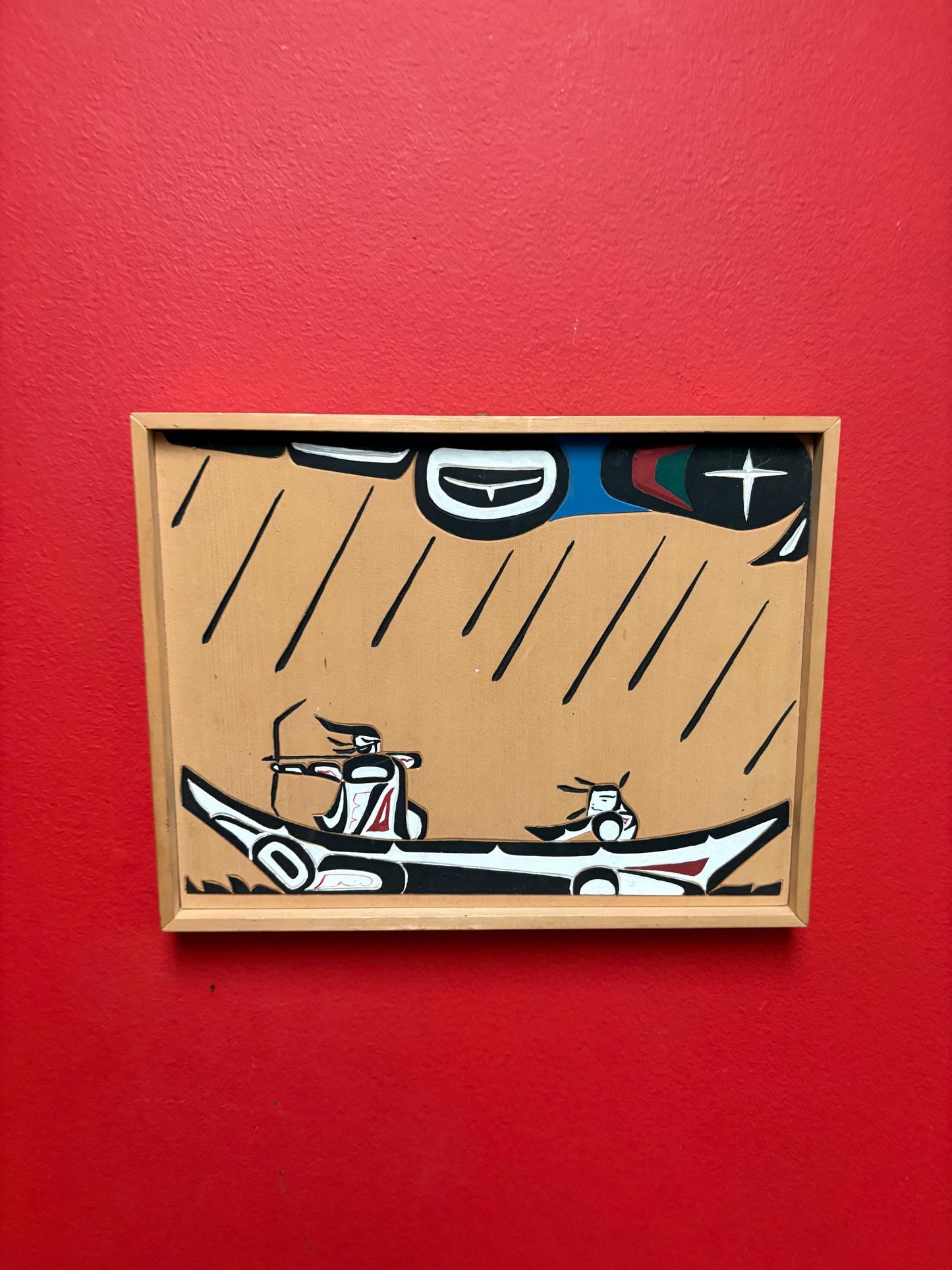 Signed lovely indigenous first nations pacific West Coast Cedar plaque of whale hunters  12 x 5 by one inch thick