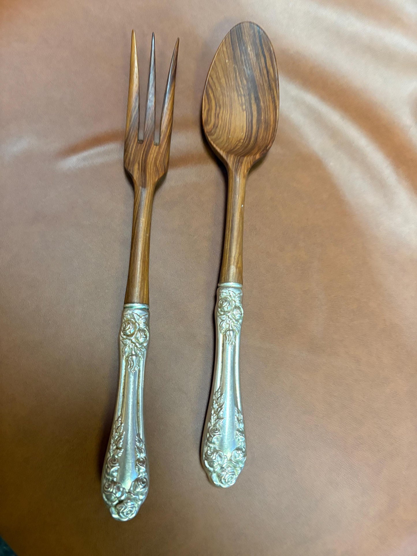 Beautiful American Sterling and wood 11 inch salad servers  wonderful gift and great value - B