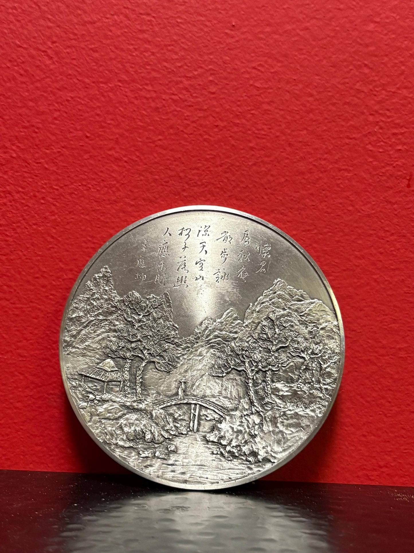 Lovely Japanese pewter signed plaque  4 inches