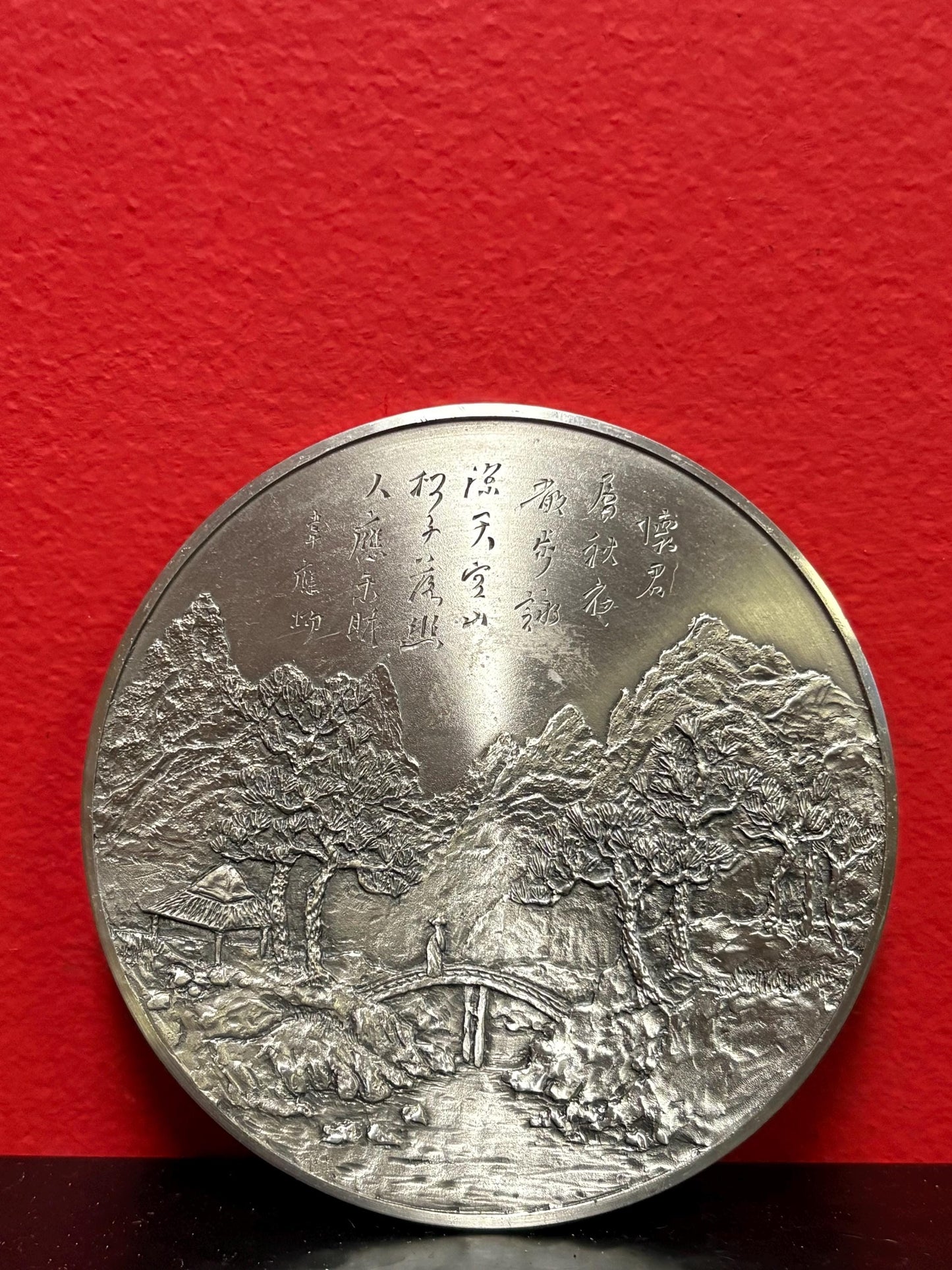 Lovely Japanese pewter signed plaque  4 inches