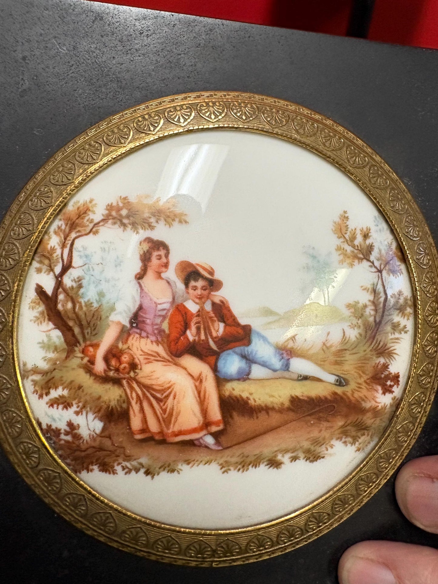 Beautiful 6 x 5 French porcelain plaque in lovely brass and black metal frame wonderful condition  great value- B