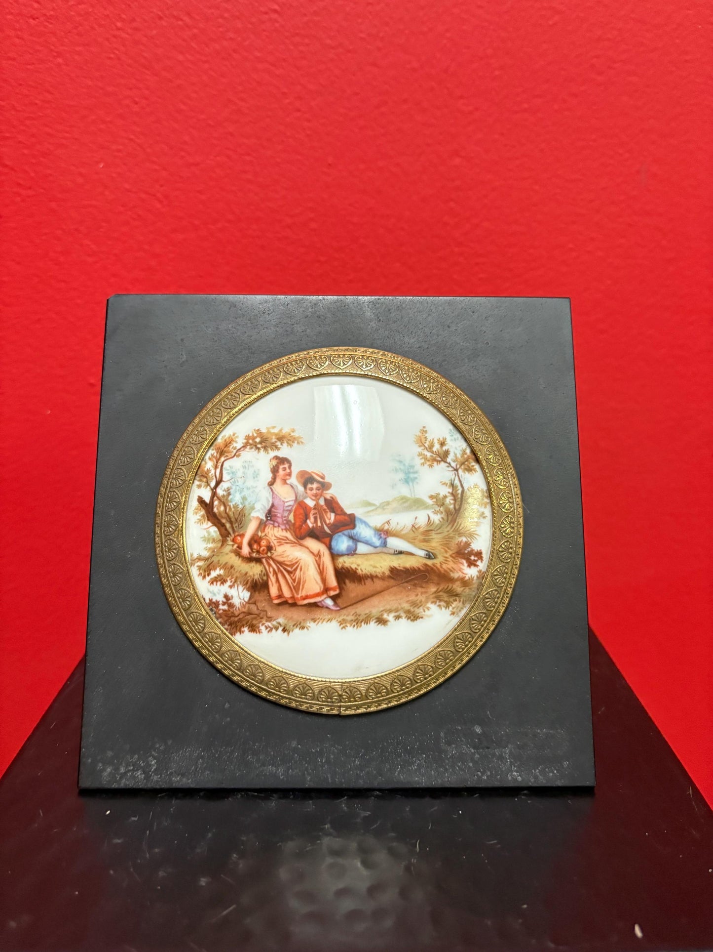 Beautiful 6 x 5 French porcelain plaque in lovely brass and black metal frame wonderful condition  great value- B