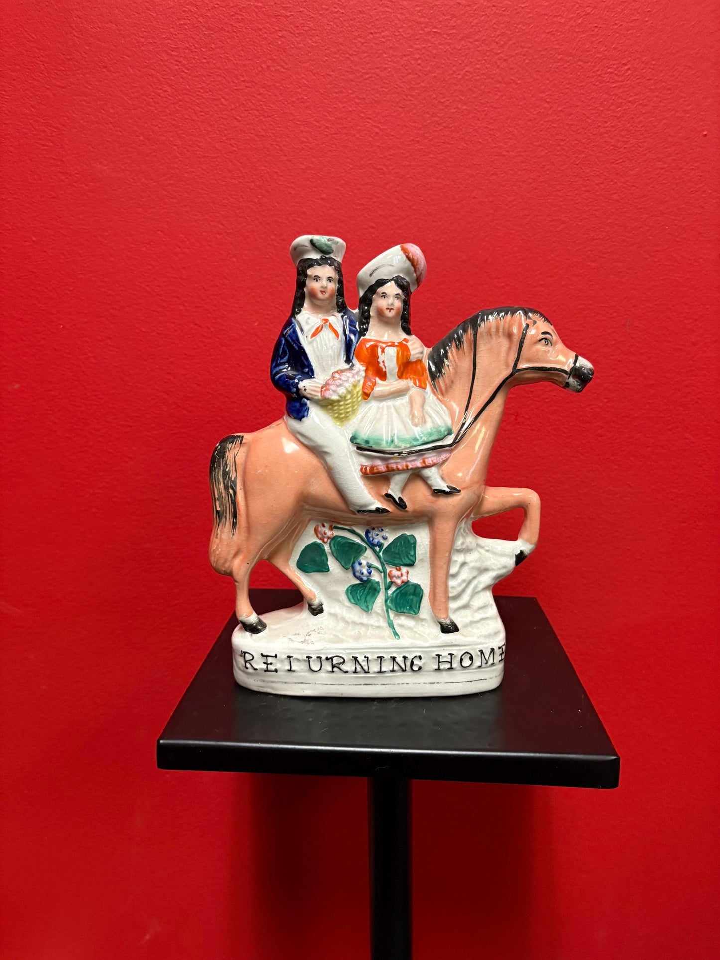 Beautiful 8  inch Staffordshire statue of a couple on Horse  returning home good condition -B