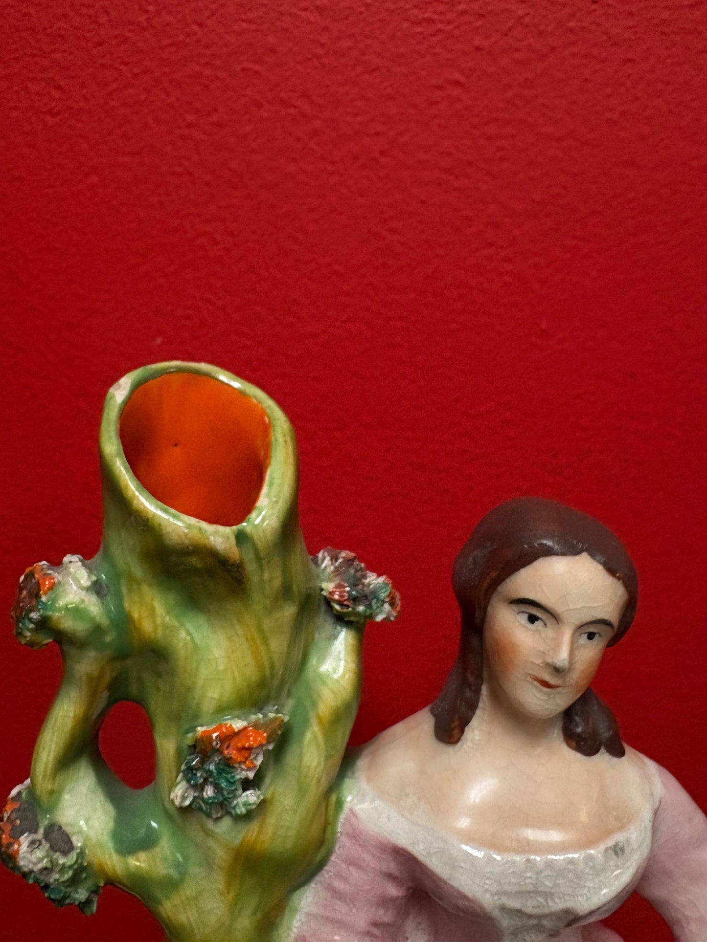 Beautiful 8  inch Staffordshire statue  of a lady with animal good condition  unusual imagery  mid 19 century -B