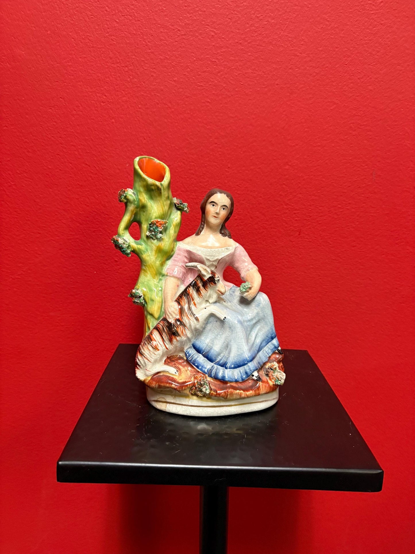 Beautiful 8  inch Staffordshire statue  of a lady with animal good condition  unusual imagery  mid 19 century -B