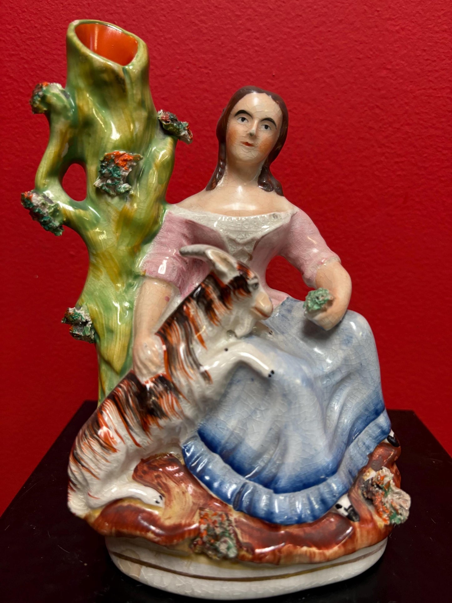 Beautiful 8  inch Staffordshire statue  of a lady with animal good condition  unusual imagery  mid 19 century -B