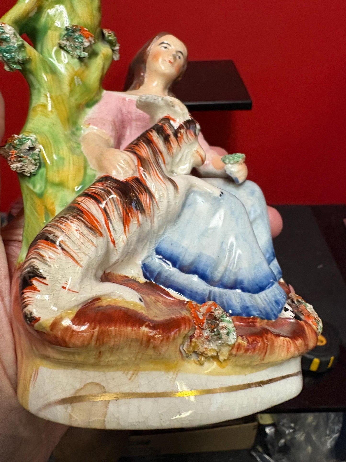 Beautiful 8  inch Staffordshire statue  of a lady with animal good condition  unusual imagery  mid 19 century -B