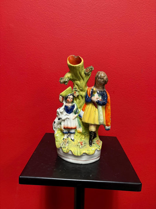 Beautiful 8  inch Staffordshire statue  of a couple with animal chip  unusual imagery  mid 19 century -B