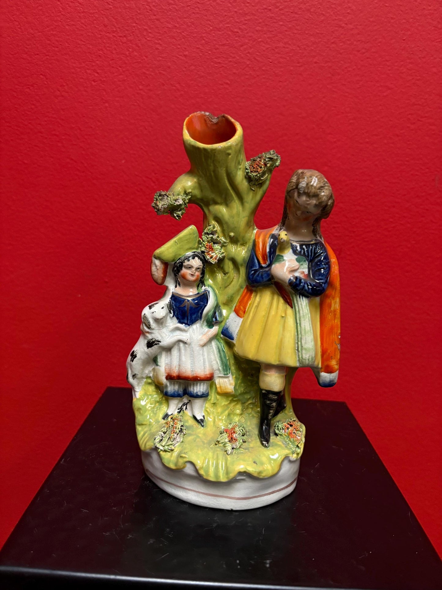 Beautiful 8  inch Staffordshire statue  of a couple with animal chip  unusual imagery  mid 19 century -B