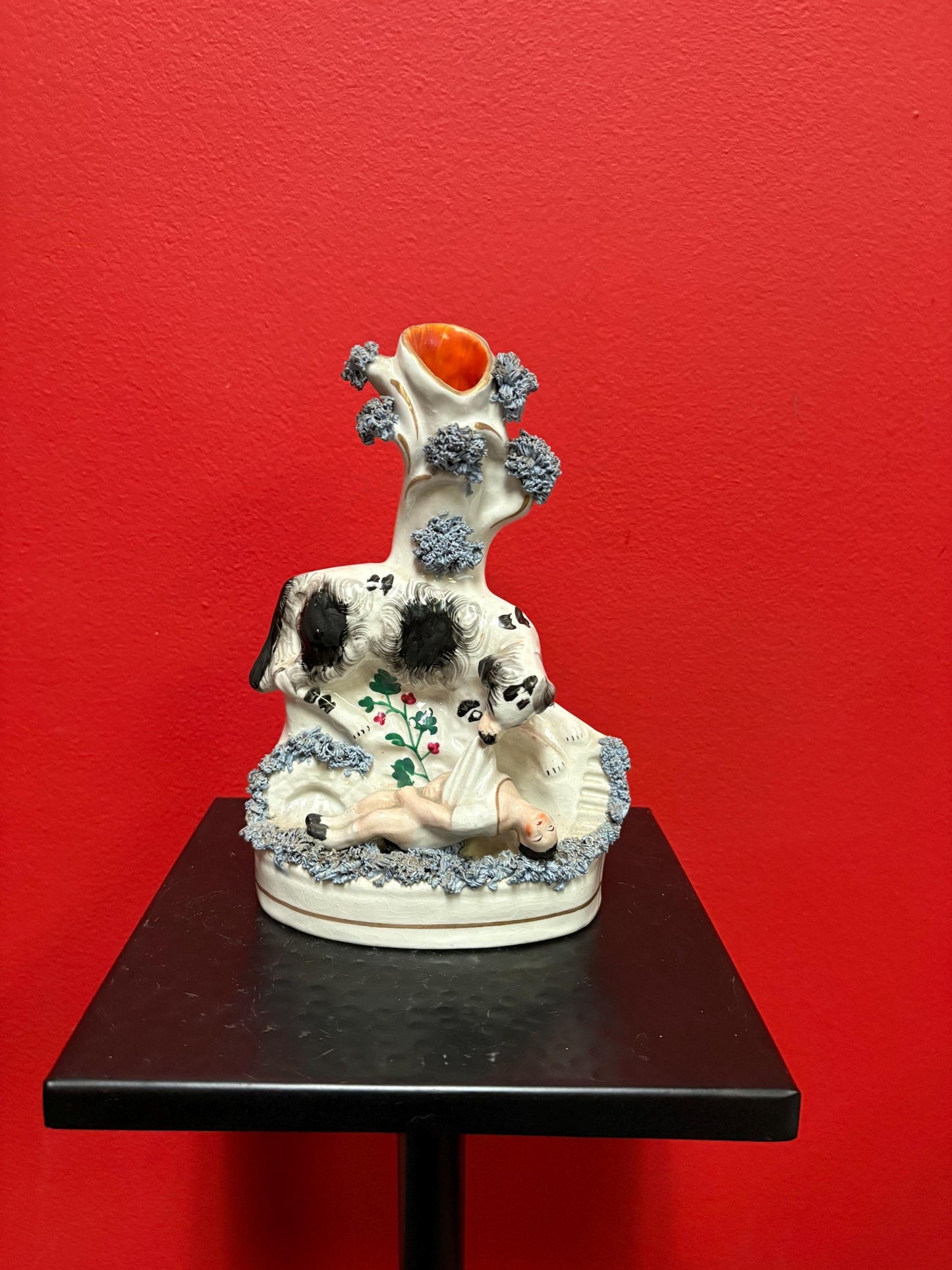 Beautiful 8  inch Staffordshire statue  of a child and dog  good condition  unusual imagery  mid 19 century -B