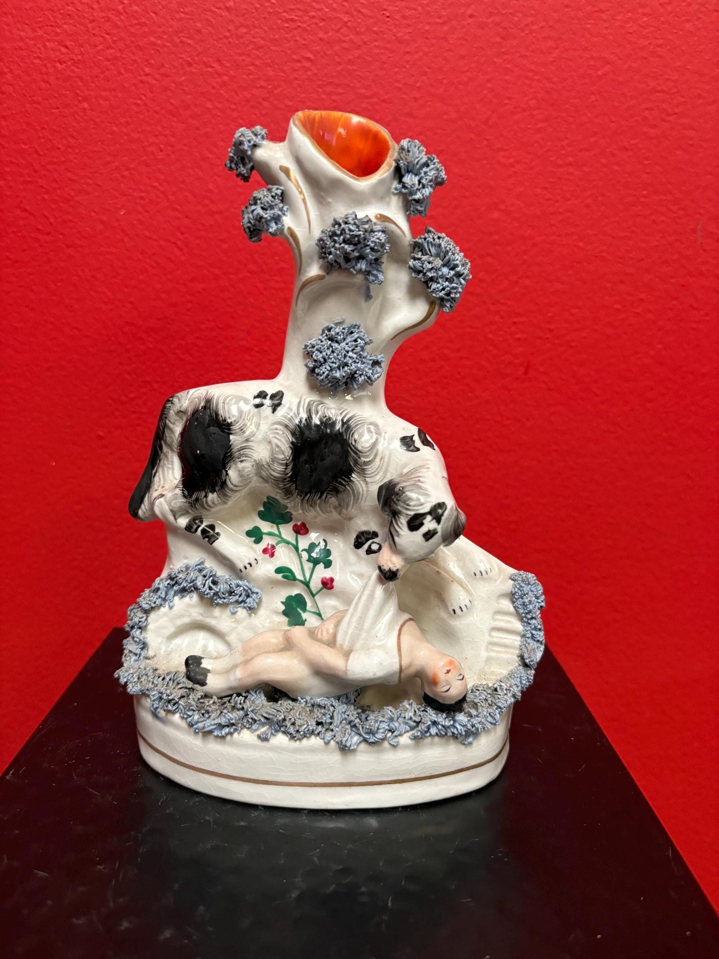 Beautiful 8  inch Staffordshire statue  of a child and dog  good condition  unusual imagery  mid 19 century -B