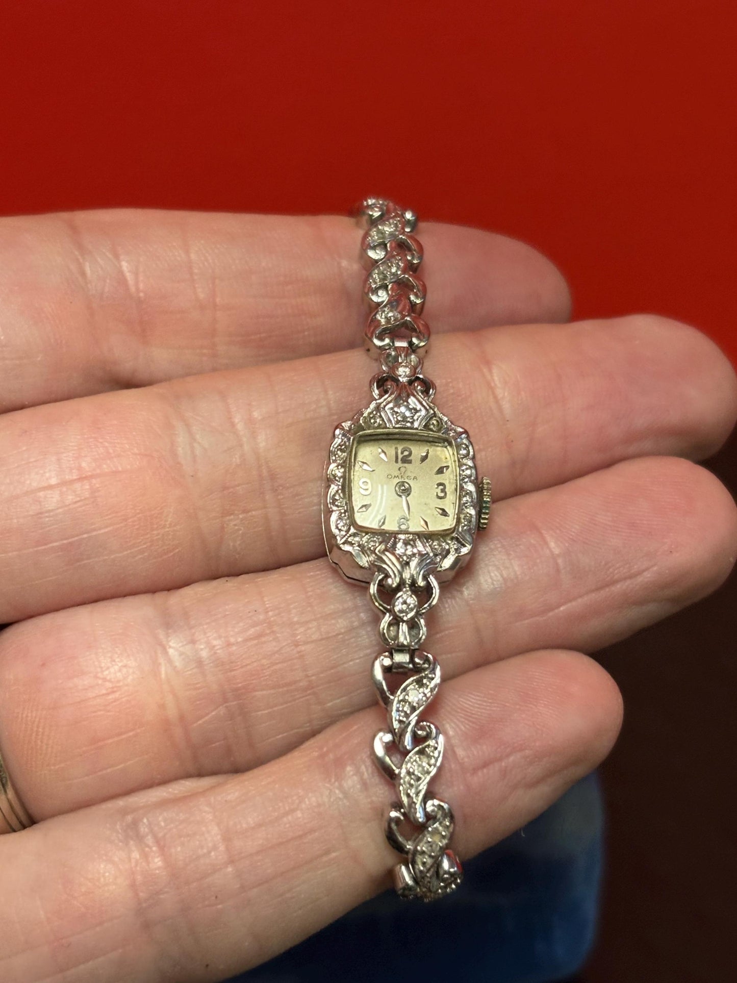 Stunning antique 14 carat white gold and diamond omega ladies watch  currently not working  fabulous quality -B