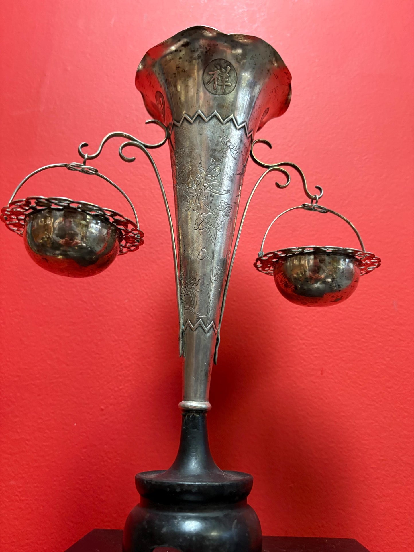 Beautiful 11 inch tall Chinese sterling silver antique vase with baskets  simple and stylish  great value -B