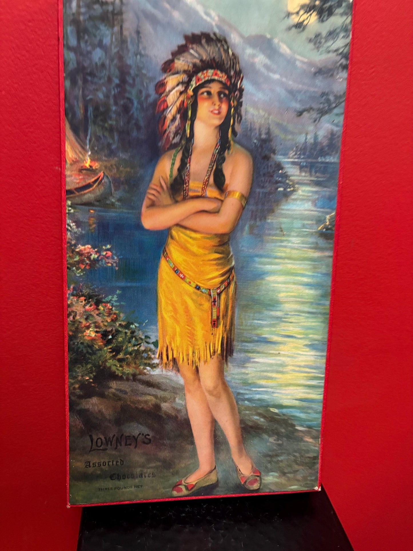 Stunning antique LOWNEYS assorted chocolate box with Pocahontas imagery in perfect condition - indigenous First Nations- 14 x 8 x 2 high