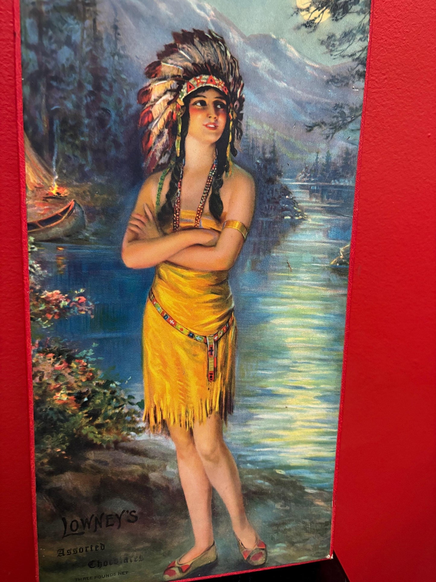 Stunning antique LOWNEYS assorted chocolate box with Pocahontas imagery in perfect condition - indigenous First Nations- 14 x 8 x 2 high