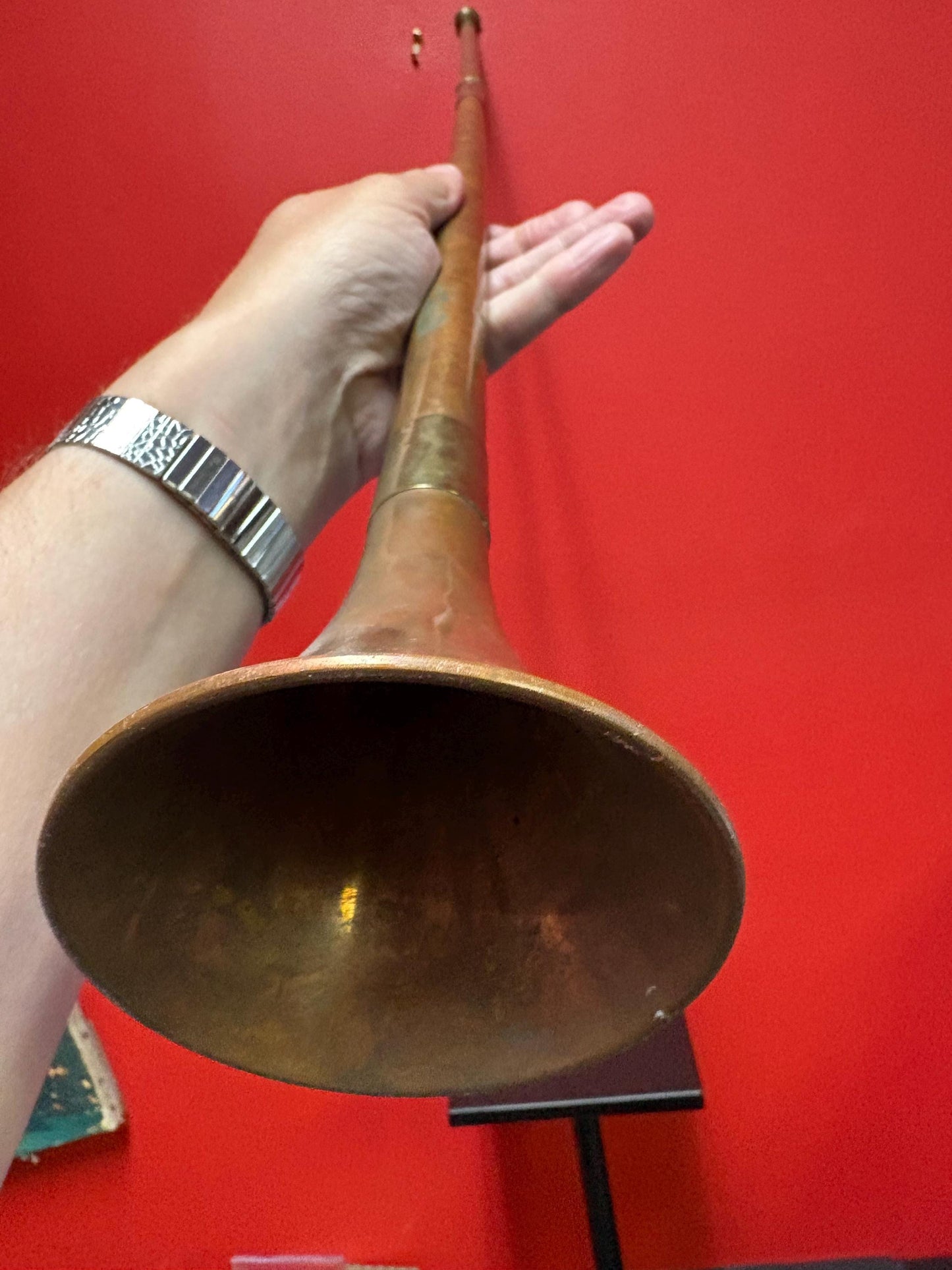 Fabulous antique English 35 inch long copper and brass hunting horn  wow -