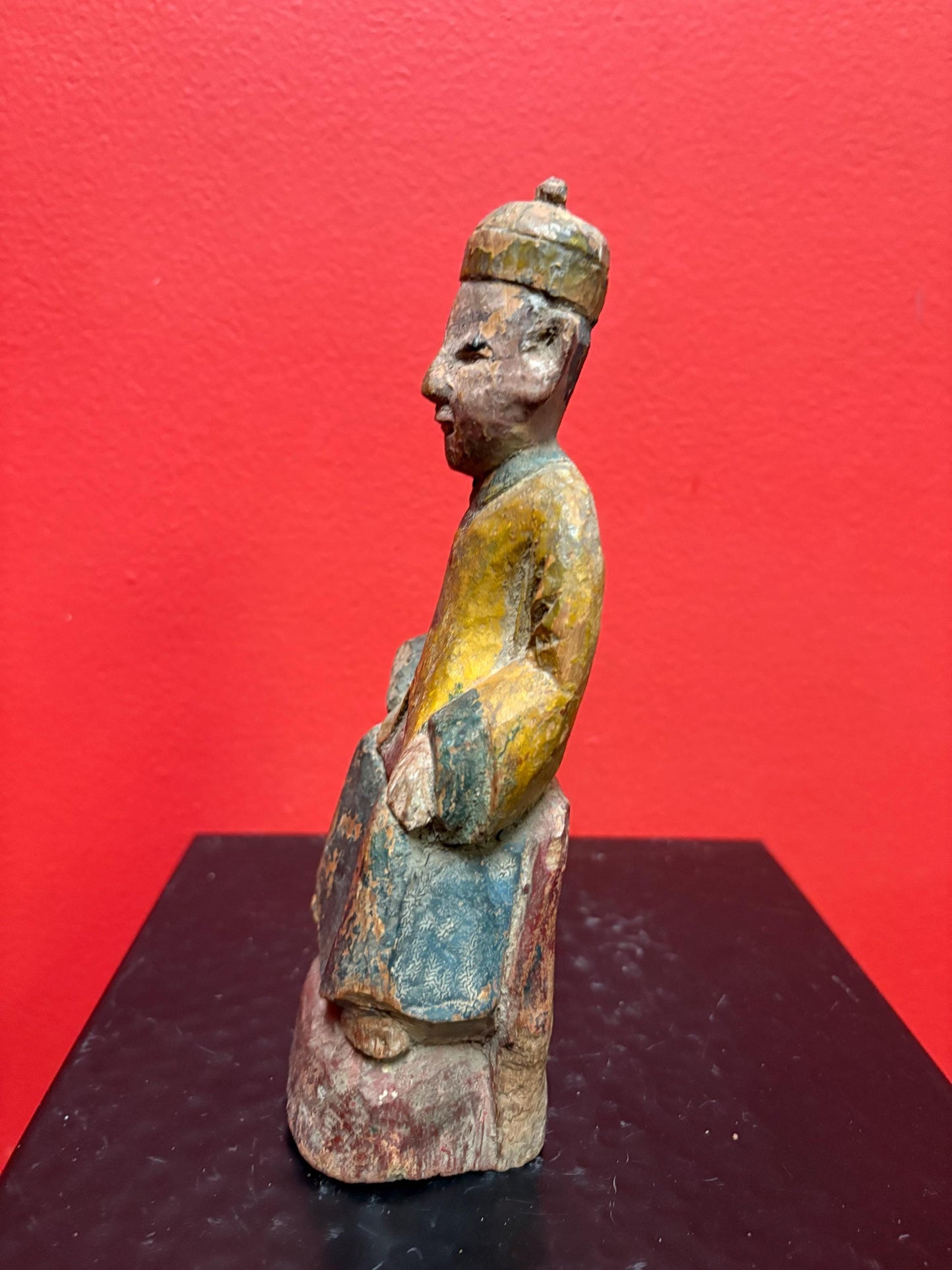 Ancient Chinese polychrome wooden deity  great colours and condition  8 inches tall