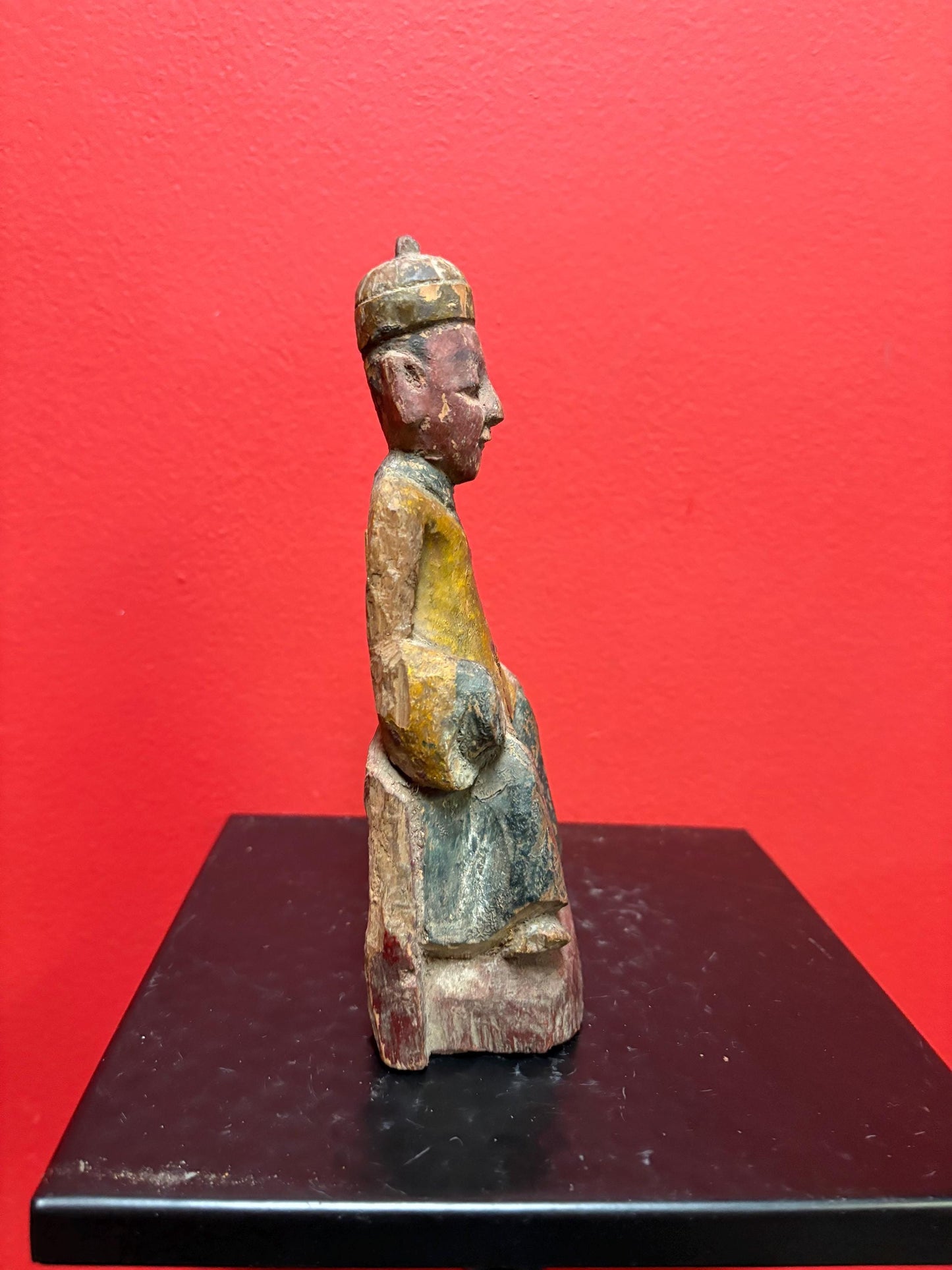 Ancient Chinese polychrome wooden deity  great colours and condition  8 inches tall