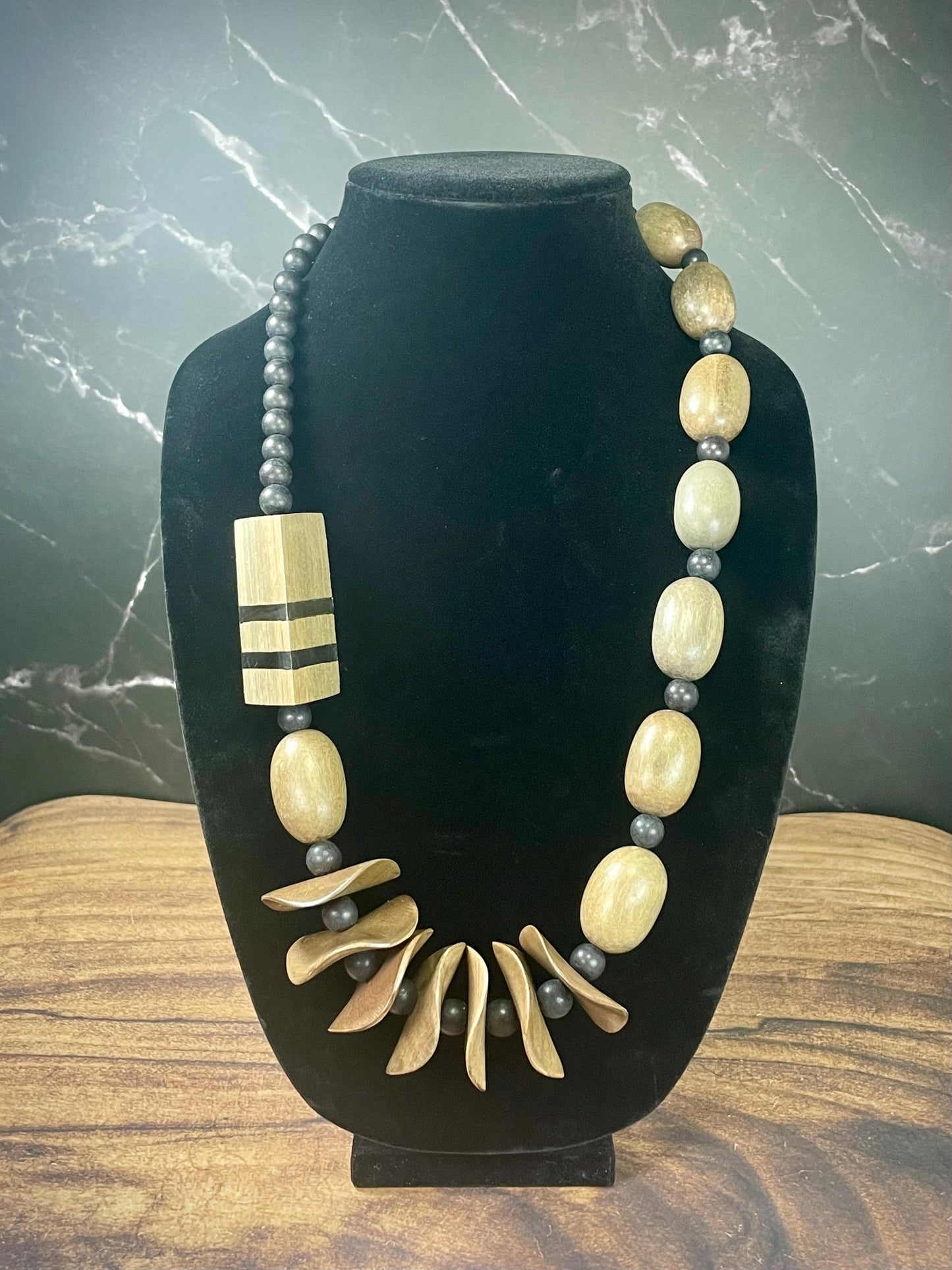 28 inch Necklace with Unique Wooden Beads