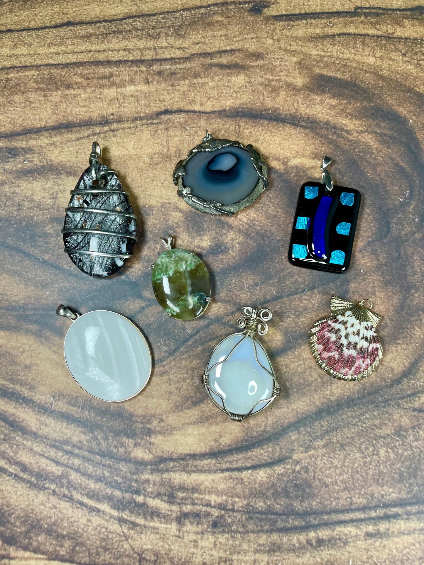 Mixed 7 Pendant Lot  Stone, Shell, Metal and Glass Accents