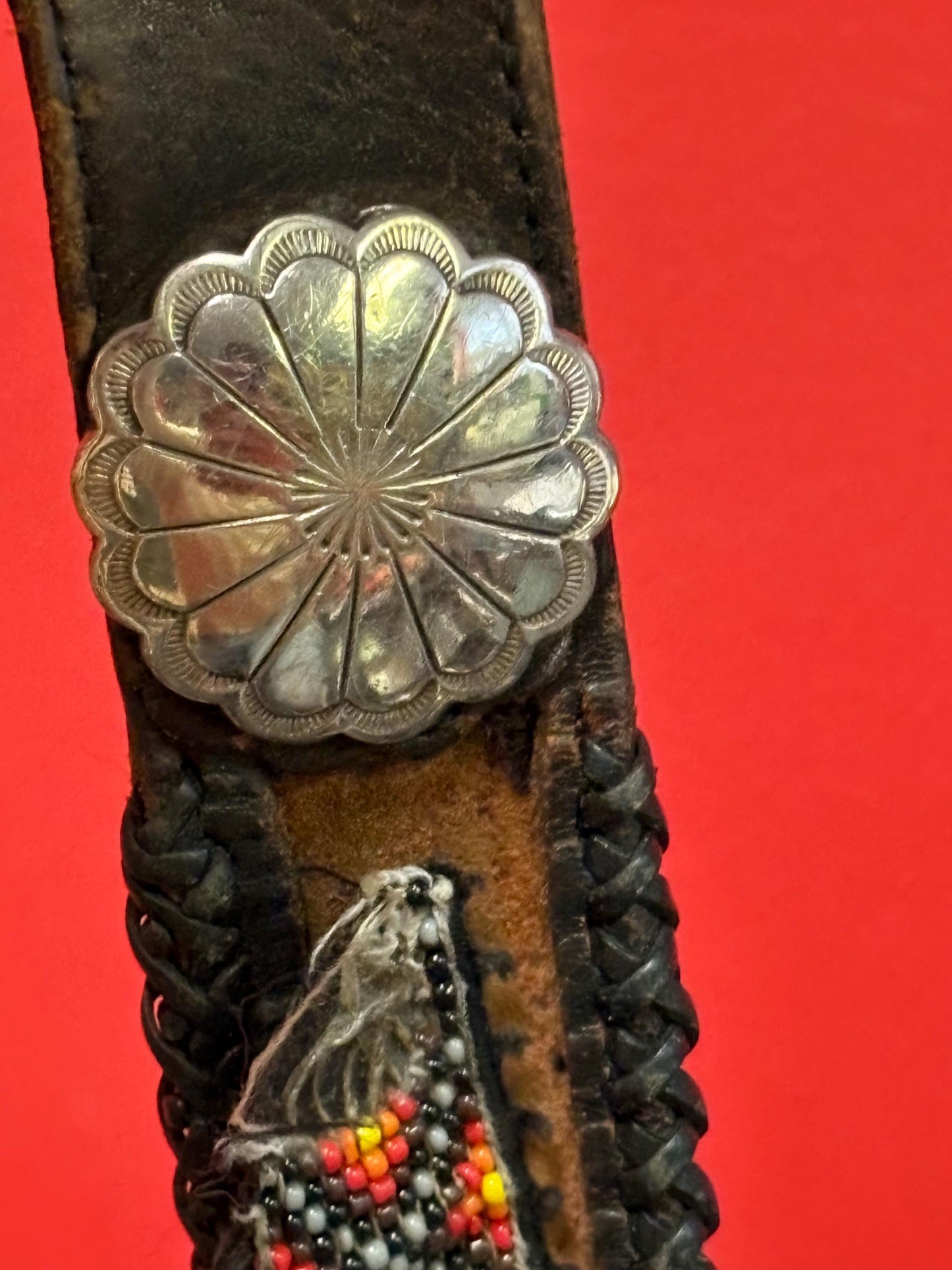 Wonderful 1980s heavy brass Eagle belt buckle with 40 inch leather and beaded indigenous belt  belt as is  wow