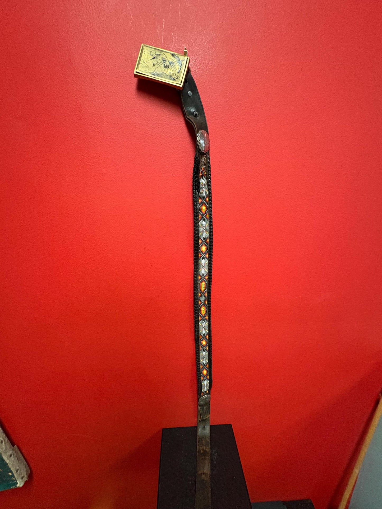 Wonderful 1980s heavy brass Eagle belt buckle with 40 inch leather and beaded indigenous belt  belt as is  wow