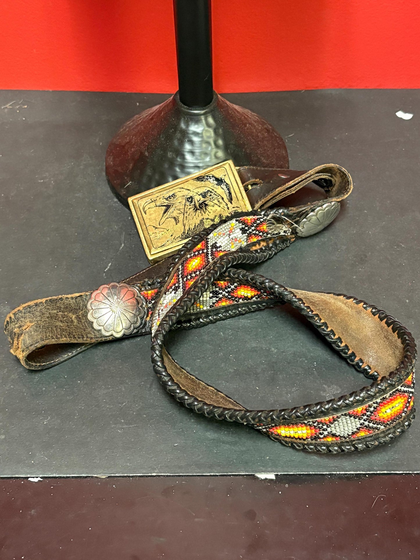 Wonderful 1980s heavy brass Eagle belt buckle with 40 inch leather and beaded indigenous belt  belt as is  wow