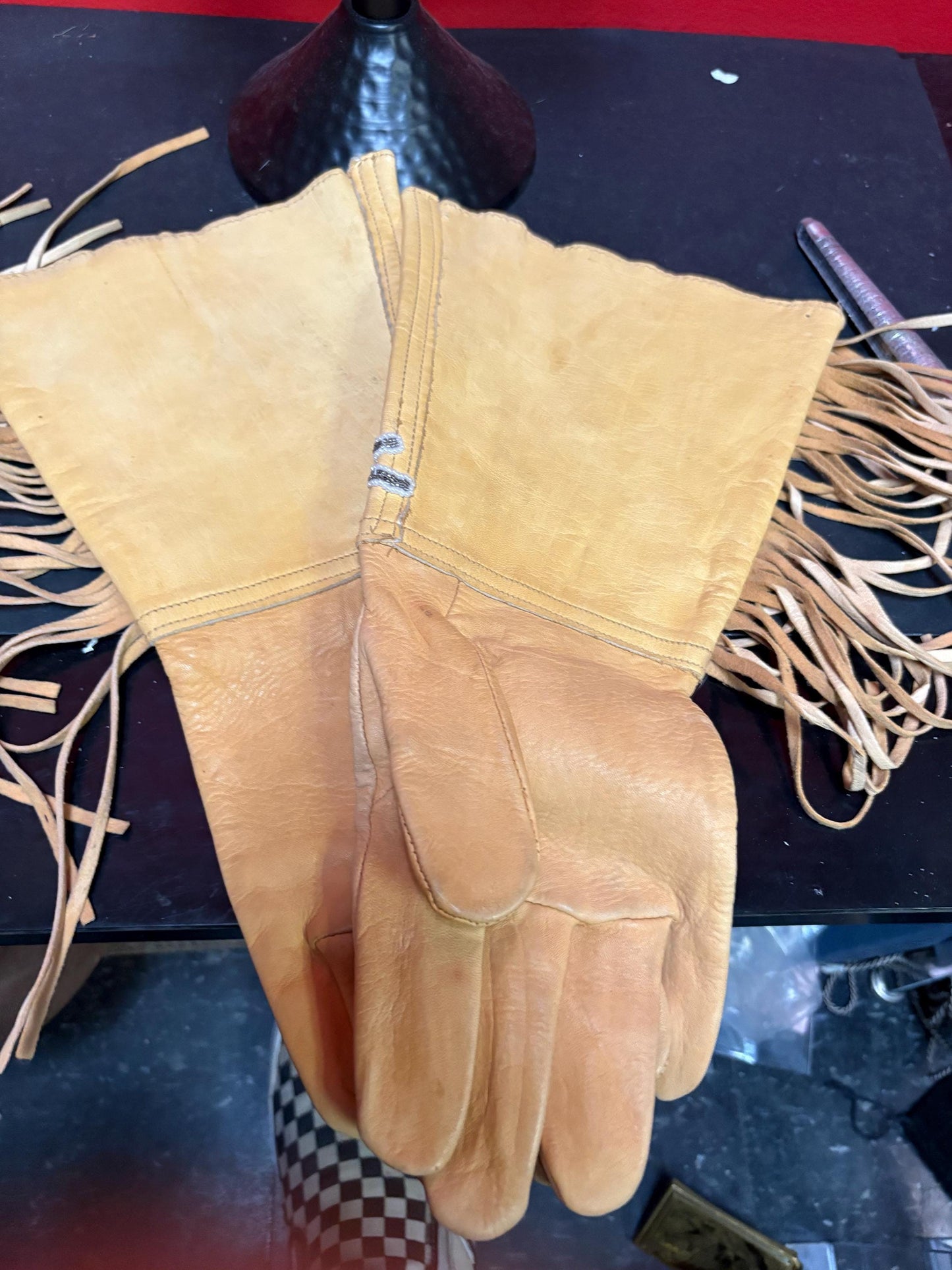 Stunning 15 x 6 wide indigenous first nation specific north West Coast leather and beaded gloves-wonderful condition