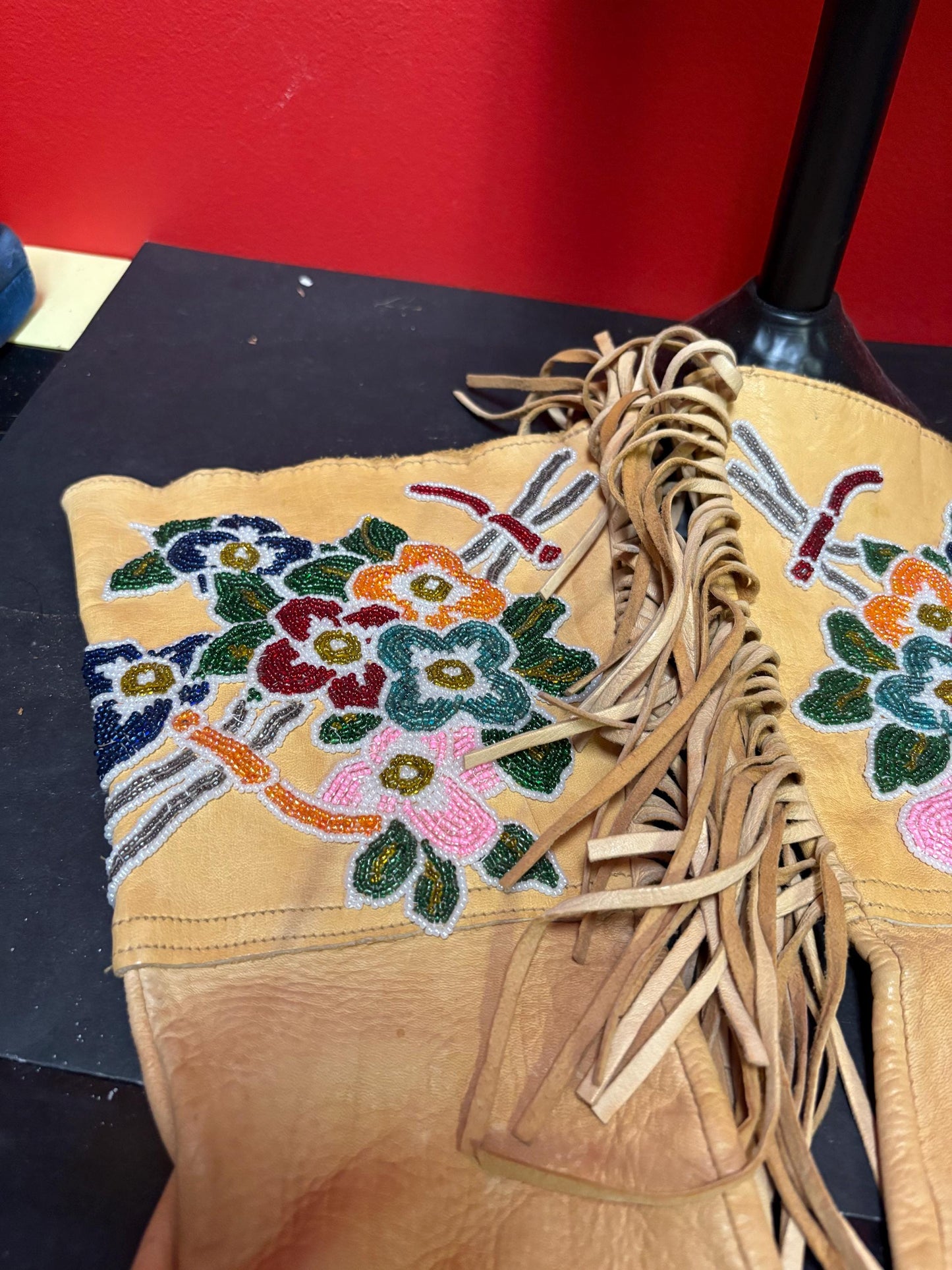 Stunning 15 x 6 wide indigenous first nation specific north West Coast leather and beaded gloves-wonderful condition