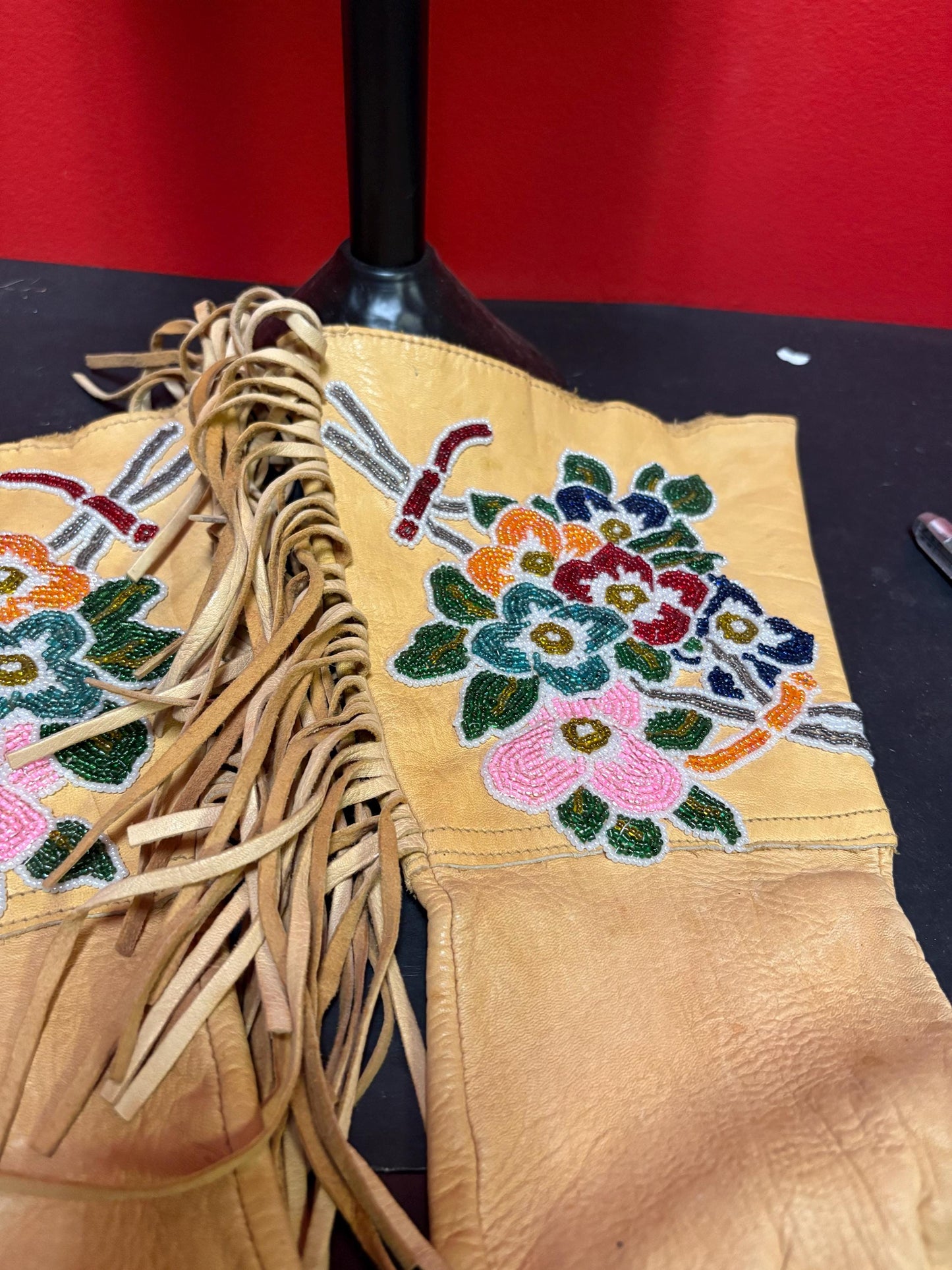 Stunning 15 x 6 wide indigenous first nation specific north West Coast leather and beaded gloves-wonderful condition